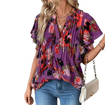 Women Tops Ruffle Sleeve Summer Casual V Neck Boho Color Block Flowy Trendy Tunic Blouses
