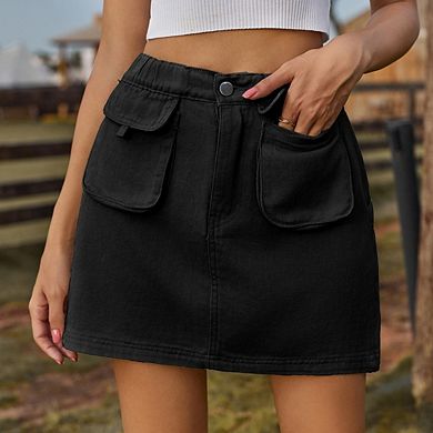 Stretch Denim Cargo Mini Skirt High-Waist Y2K Casual Style with Pockets