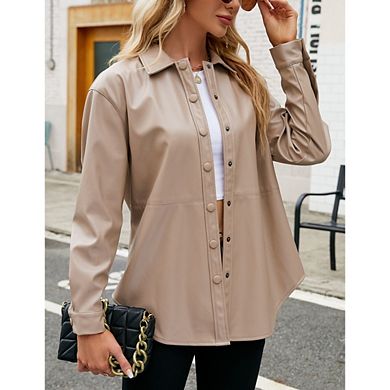Women PU Long Sleeves Shirts Oversized Button Down T-Shirts Casual Loose Blouse