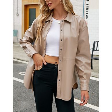 Women PU Long Sleeves Shirts Oversized Button Down T-Shirts Casual Loose Blouse