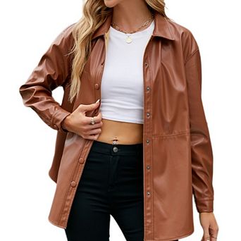 Women PU Long Sleeves Shirts Oversized Button Down T-Shirts Casual Loose Blouse