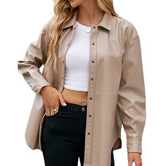 Women PU Long Sleeves Shirts Oversized Button Down T-Shirts Casual Loose Blouse