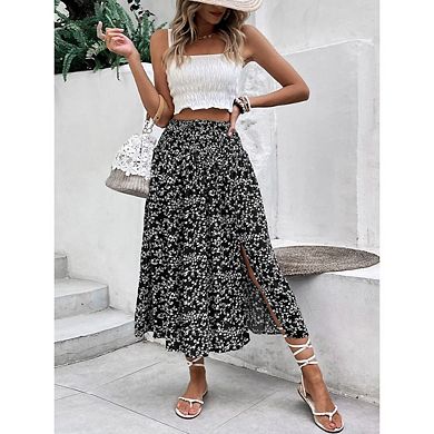 Boho Floral Mesh Midi Skirt High-Waisted with Front Slit