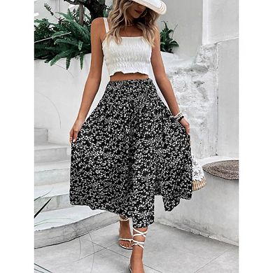 Boho Floral Mesh Midi Skirt High-Waisted with Front Slit