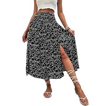 Boho Floral Mesh Midi Skirt High-Waisted with Front Slit