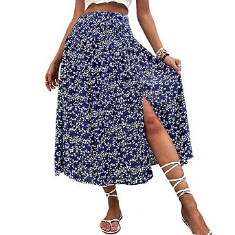Boho Floral Mesh Midi Skirt High-Waisted with Front Slit