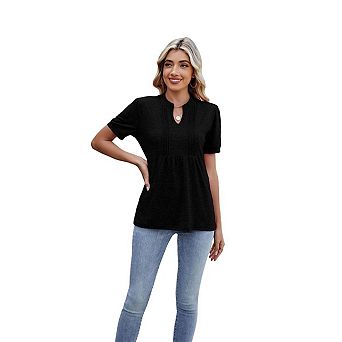 Seoria Womens Short Sleeve V Neck Pleated T Shirt Casual Loose Fit Flowy Swing Tunic Tops