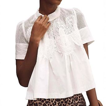 Seoria Womens Short Sleeve Lace Crochet Blouse Casual High Neck Ruffle Hem Peplum Tops