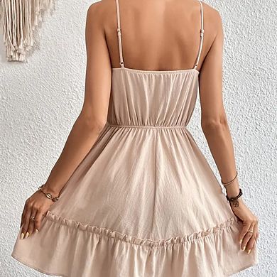 Women's Spaghetti Strap V-Neck Lace Trim Mini Dress Flowy Ruffle Hem Dress