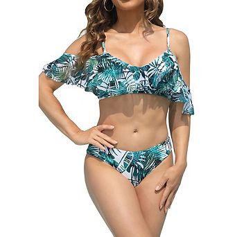 Solid Color Off Shoulder Ruffle Bikini Set Two Piece Swimsuit