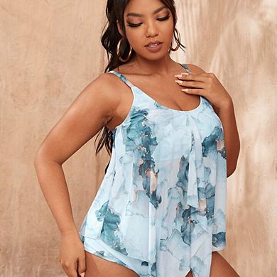 Plus Size Tie Dye Mesh Tankini Swimsuit Flowy Two Piece Bathing Suit
