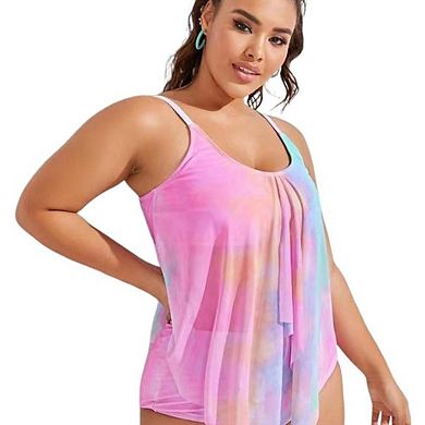 Plus Size Tie Dye Mesh Tankini Swimsuit Flowy Two Piece Bathing Suit