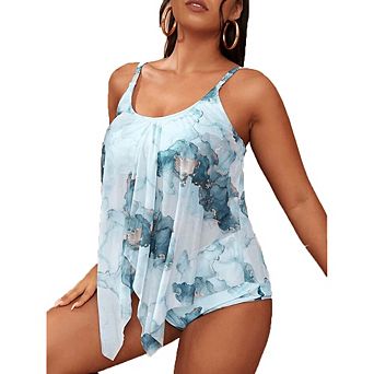 Plus Size Tie Dye Mesh Tankini Swimsuit Flowy Two Piece Bathing Suit