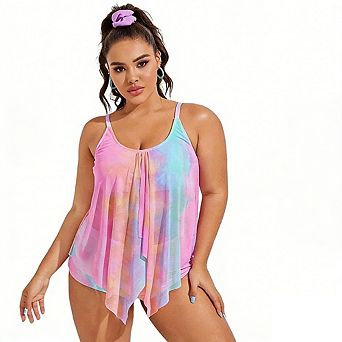 Plus Size Tie Dye Mesh Tankini Swimsuit Flowy Two Piece Bathing Suit
