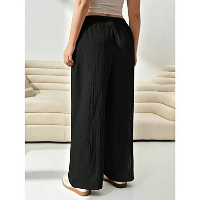 Plus Size Wide-Leg Palazzo Pants with Elastic High Waist Flowy Casual Trousers