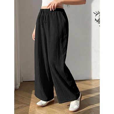 Plus Size Wide-Leg Palazzo Pants with Elastic High Waist Flowy Casual Trousers