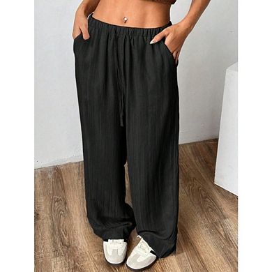 Plus Size Wide-Leg Palazzo Pants with Elastic High Waist Flowy Casual Trousers