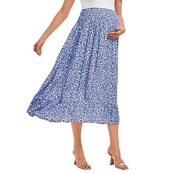 Maternity Ditzy Floral Print Midi Skirt Ruffle Hem Boho Elastic High Waist Long Skirts for Women