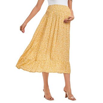 Maternity Ditzy Floral Print Midi Skirt Ruffle Hem Boho Elastic High Waist Long Skirts for Women
