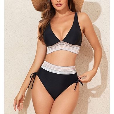 Women Boho 2 Piece Bikini Sets High Waist Tummy Control Swimsuits Drawstring Bathing Suit
