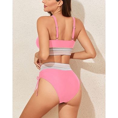 Women Boho 2 Piece Bikini Sets High Waist Tummy Control Swimsuits Drawstring Bathing Suit