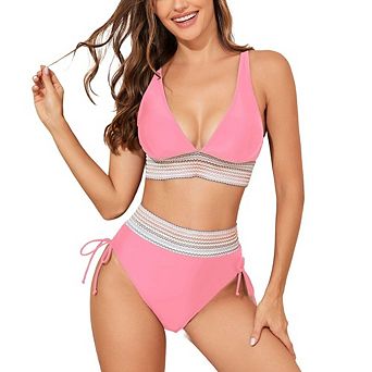 Women Boho 2 pc Bikini Sets High Waist Tummy Control Swimsuits Drawstring Bathing Suit