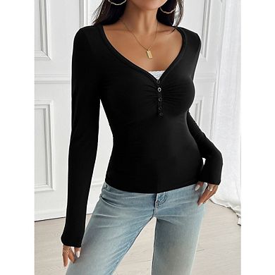 Women Y2k Long Sleeve Shirts V Neck Front Ruched Button Tops Low Cut Fitted T-Shirt