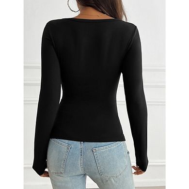Women Y2k Long Sleeve Shirts V Neck Front Ruched Button Tops Low Cut Fitted T-Shirt