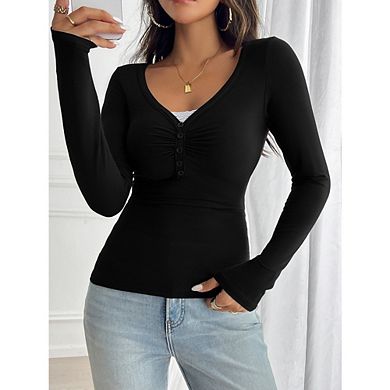 Women Y2k Long Sleeve Shirts V Neck Front Ruched Button Tops Low Cut Fitted T-Shirt