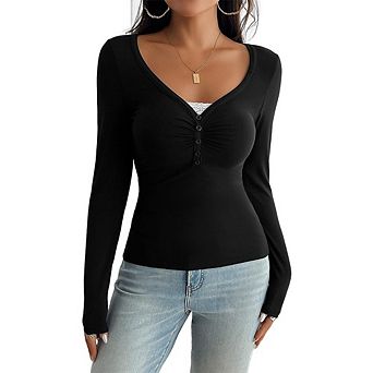 Women Y2k Long Sleeve Shirts V Neck Front Ruched Button Tops Low Cut Fitted T-Shirt