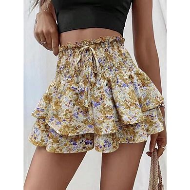 Women Boho Floral Ruffle High-Waist Skirt Lightweight A-Line Summer Style
