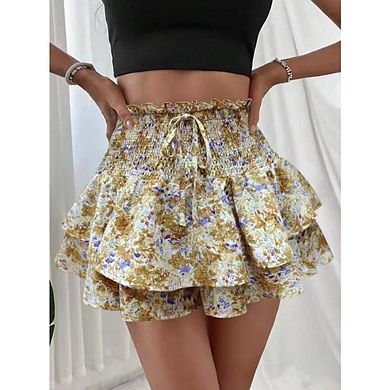 Women Boho Floral Ruffle High-Waist Skirt Lightweight A-Line Summer Style