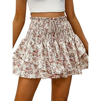 Women Boho Floral Ruffle High-Waist Skirt Lightweight A-Line Summer Style