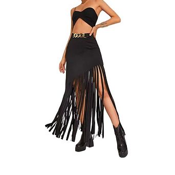 High-Waist Bodycon Fringe Skirt with Asymmetrical Hem Long Festival Party Punk Style with Tassels