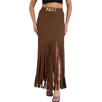High-Waist Bodycon Fringe Skirt with Asymmetrical Hem Long Festival Party Punk Style with Tassels