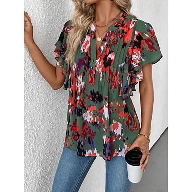 Women's Casual V Neck Button Down Blouse Ruffle Sleeve Pleated Flowy Chiffon Shirt