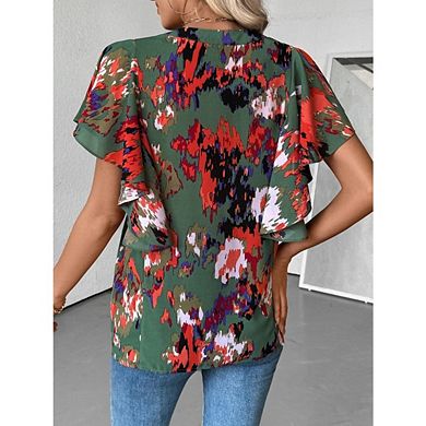 Women's Casual V Neck Button Down Blouse Ruffle Sleeve Pleated Flowy Chiffon Shirt