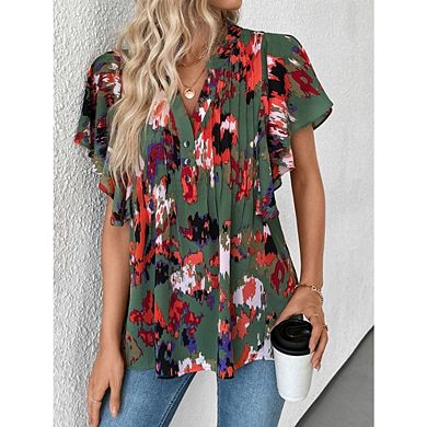 Women's Casual V Neck Button Down Blouse Ruffle Sleeve Pleated Flowy Chiffon Shirt