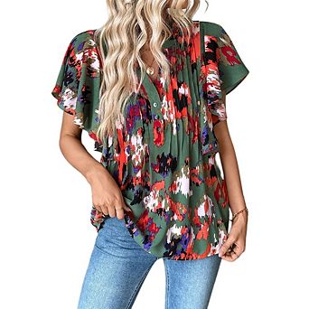 Women's Casual V Neck Button Down Blouse Ruffle Sleeve Pleated Flowy Chiffon Shirt
