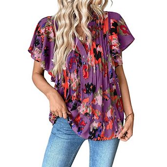 Women's Casual V Neck Button Down Blouse Ruffle Sleeve Pleated Flowy Chiffon Shirt