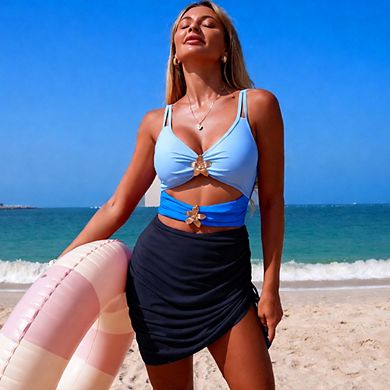 Color Block Flower Detail Side Drawstring Skirted Bikini Set Two Piece Swimsuit