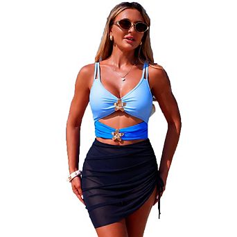 Color Block Flower Detail Side Drawstring Skirted Bikini Set Two Piece Swimsuit