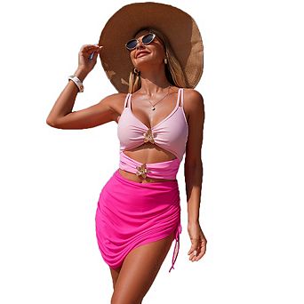Color Block Flower Detail Side Drawstring Skirted Bikini Set Two Piece Swimsuit
