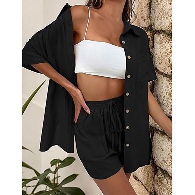 Women Daily Casual Button Down Shirt & Drawstring Shorts Set 2 Piece Loungewear Outfit
