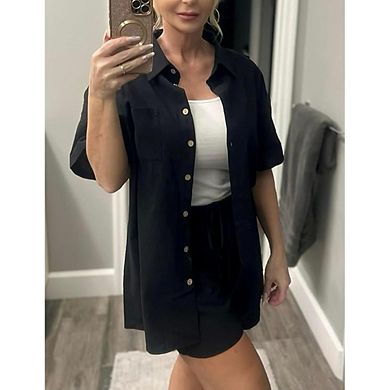Women Daily Casual Button Down Shirt & Drawstring Shorts Set 2 Piece Loungewear Outfit