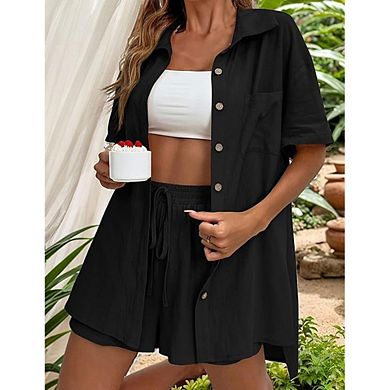 Women Daily Casual Button Down Shirt & Drawstring Shorts Set 2 Piece Loungewear Outfit