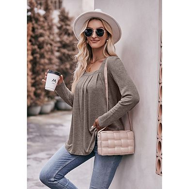 Long Sleeve Tops for Women Square Neck Blouses Pleated Casual Work Shirts