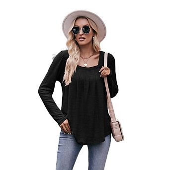 Long Sleeve Tops for Women Square Neck Blouses Pleated Casual Work Shirts