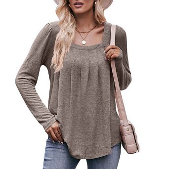 Long Sleeve Tops for Women Square Neck Blouses Pleated Casual Work Shirts