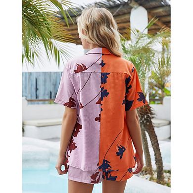 Women's Color Block Print 2 Piece Outfit, Short Sleeve Button Down Shirt and Shorts Set for Vacation